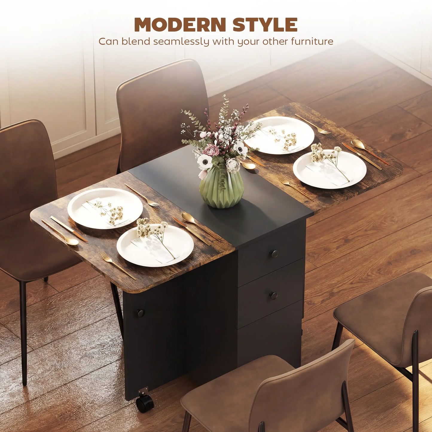 Drop Leaf Dining Table On Wheels With Drawers, Rustic Brown And Black, Brown, Black Dining Tables at Gallery Canada