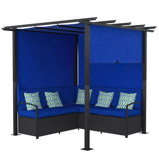 PE Rattan Sofa Set, Retractable Canopy, Outdoor Furniture, Blue Patio Furniture Sets Black Frame, Blue Fabric, White and Green Pillow at Gallery Canada