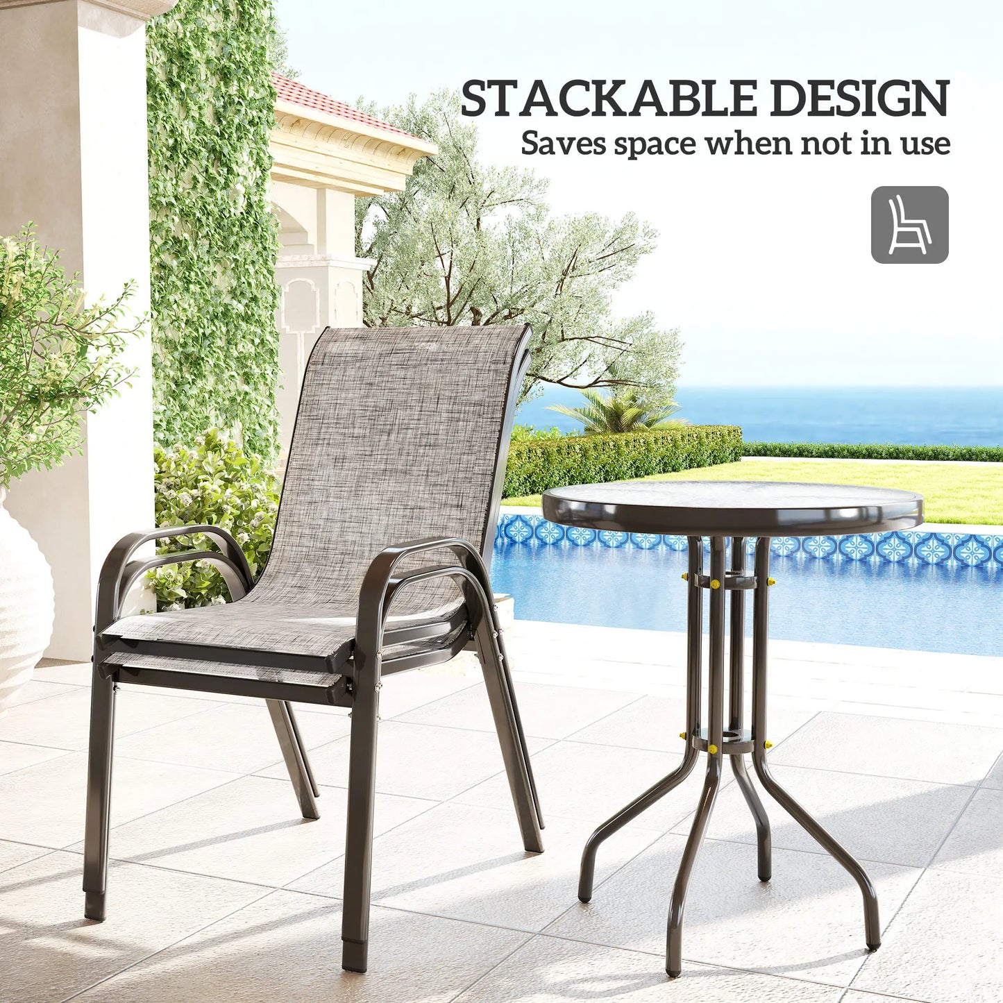 3 Piece Bistro Set, Stackable Mesh Chairs, Glass Table, Grey Bistro Sets at Gallery Canada