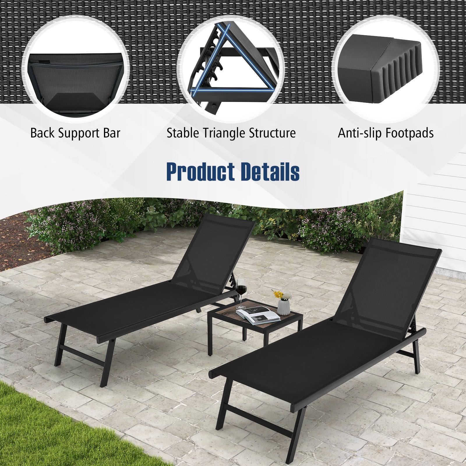 3 Pieces Patio Chaise Lounge Chair and Table Set for Poolside Yard, Black Outdoor Seating & Patio Chairs at Gallery Canada