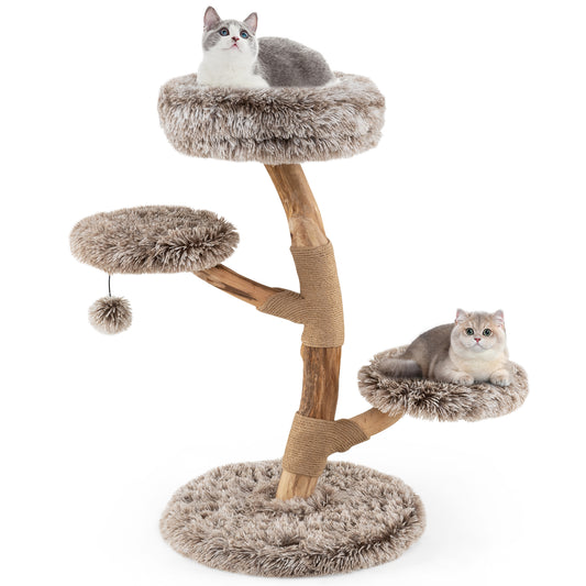 Cat Tree Solid Pear Wood with Perch and Natural Jute Scratching Posts, Brown Cat Trees Condos & Scratchers Brown at Gallery Canada