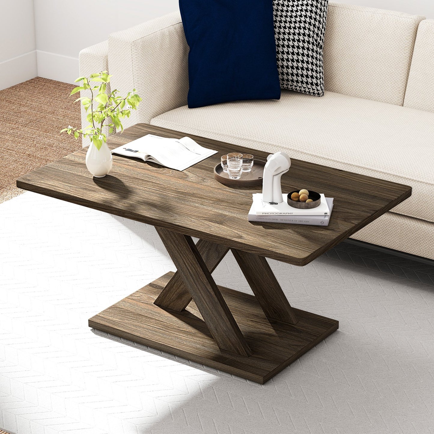 37.5 Inch Rectangular Coffee Table with Stable Base and Rubber Wood Connection for Living Room, Brown Coffee Tables at Gallery Canada