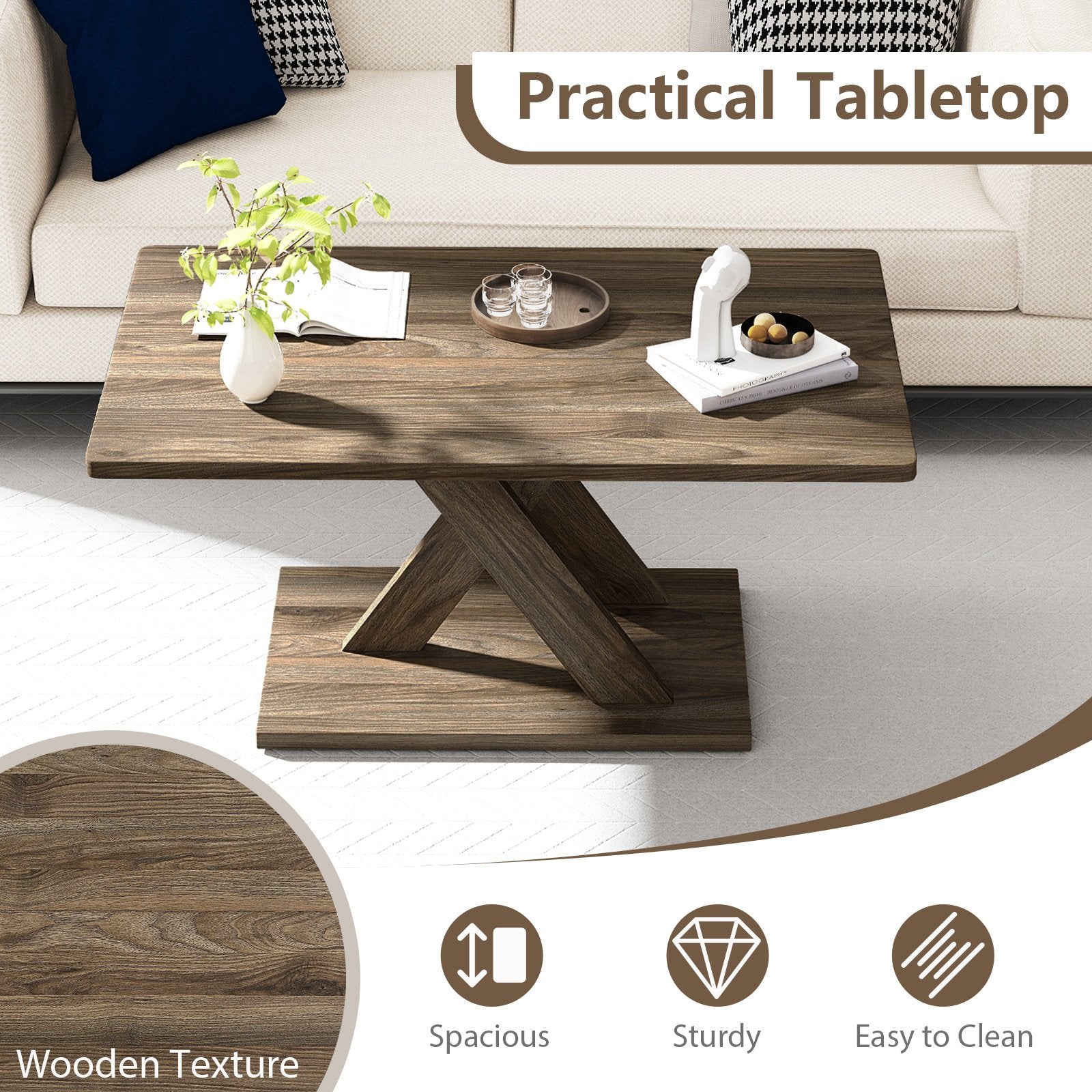 37.5 Inch Rectangular Coffee Table with Stable Base and Rubber Wood Connection for Living Room, Brown Coffee Tables at Gallery Canada
