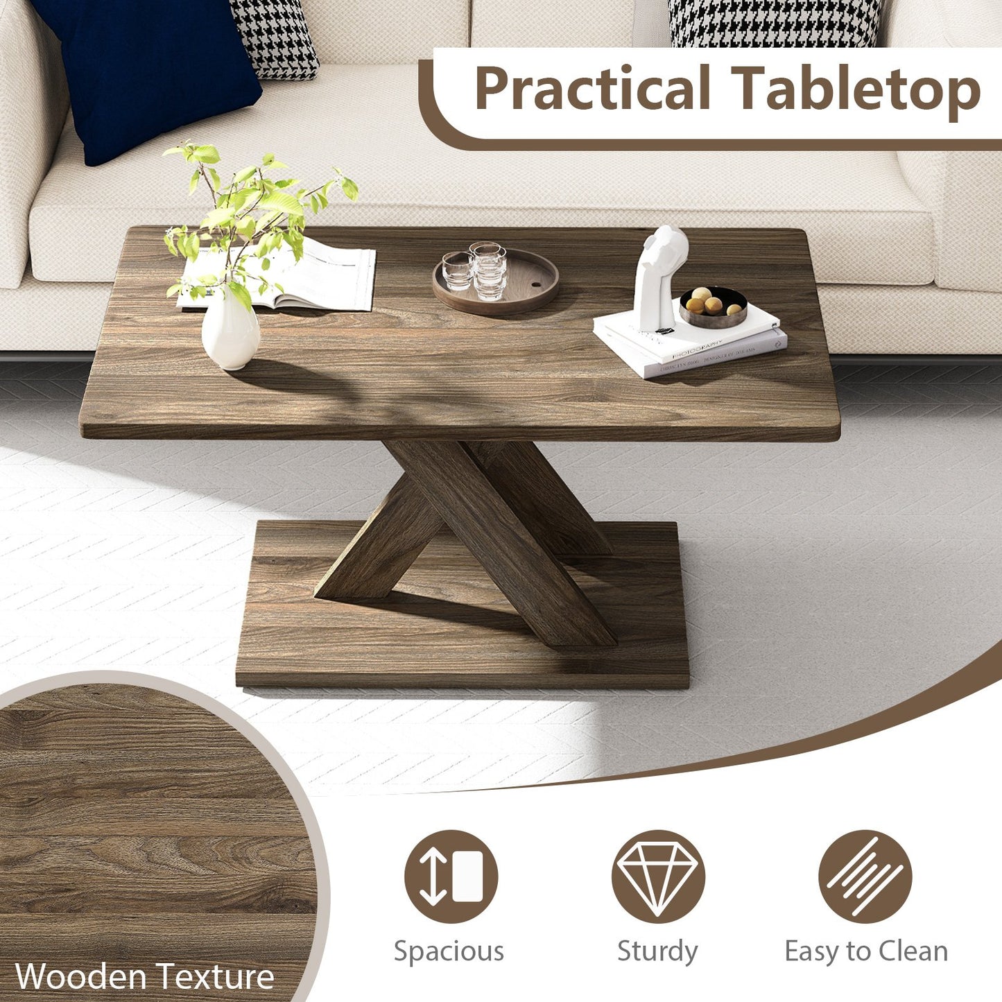 37.5 Inch Rectangular Coffee Table with Stable Base and Rubber Wood Connection for Living Room, Brown Coffee Tables at Gallery Canada