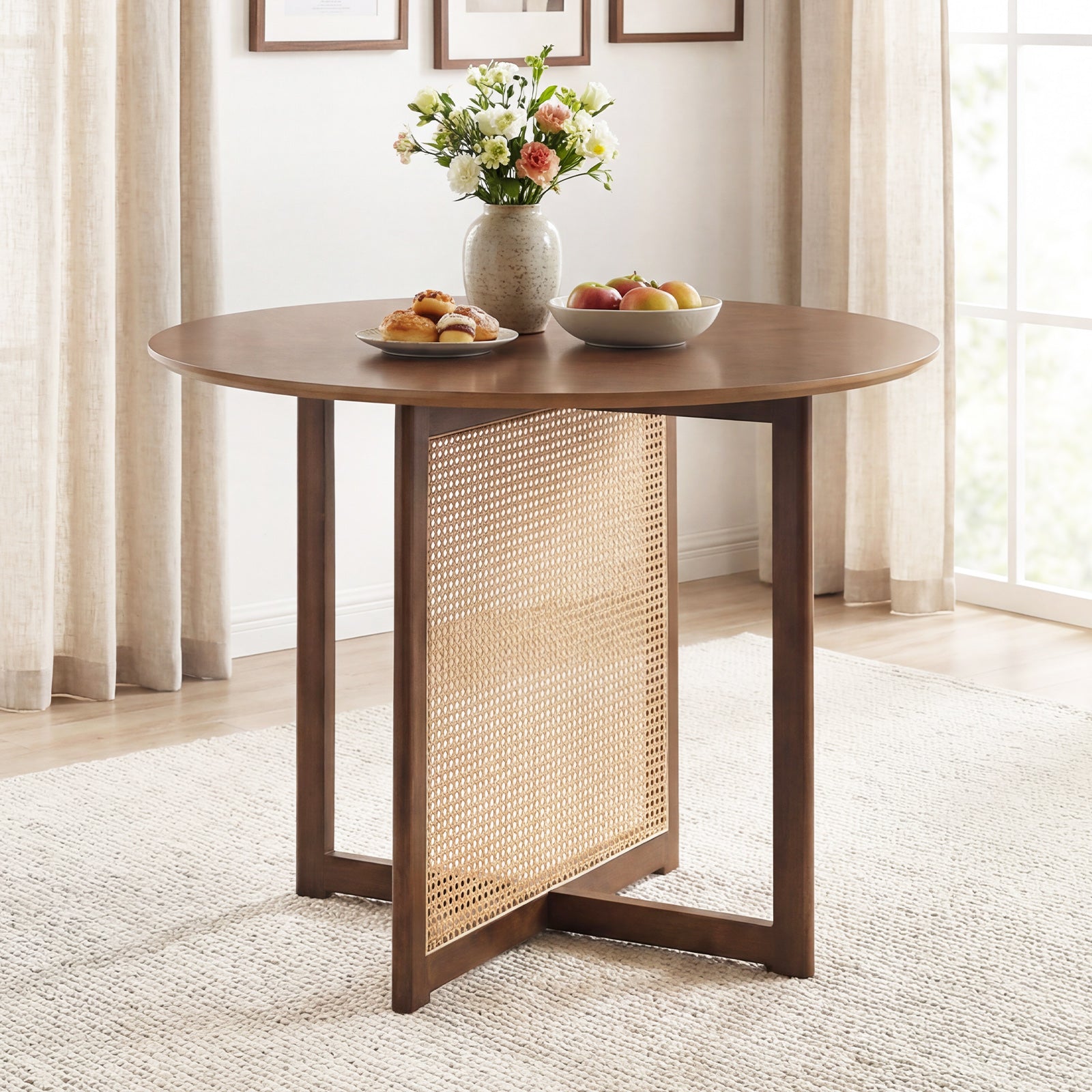 37.5 Inch Round Dining Table, Cross Pedestal Base, Walnut