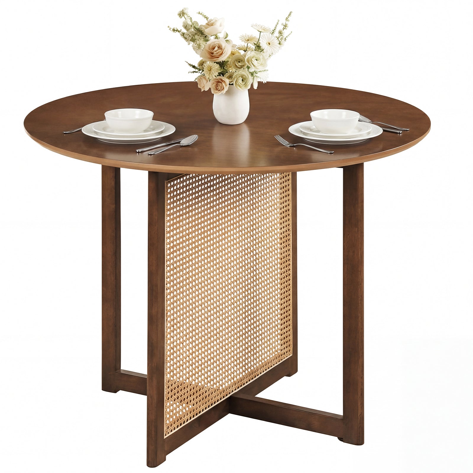 37.5 Inch Round Dining Table, Cross Pedestal Base, Walnut