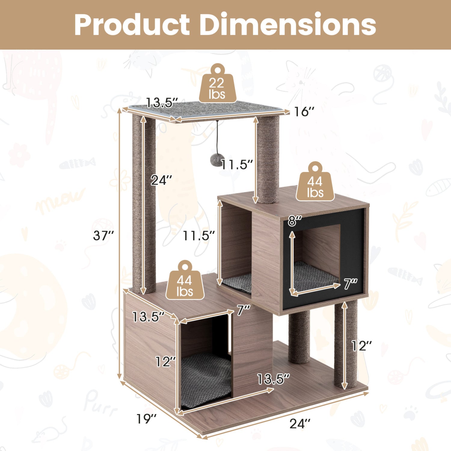 37 Inch Multi-Level Cat Tower, Gray Cat Trees Condos & Scratchers at Gallery Canada