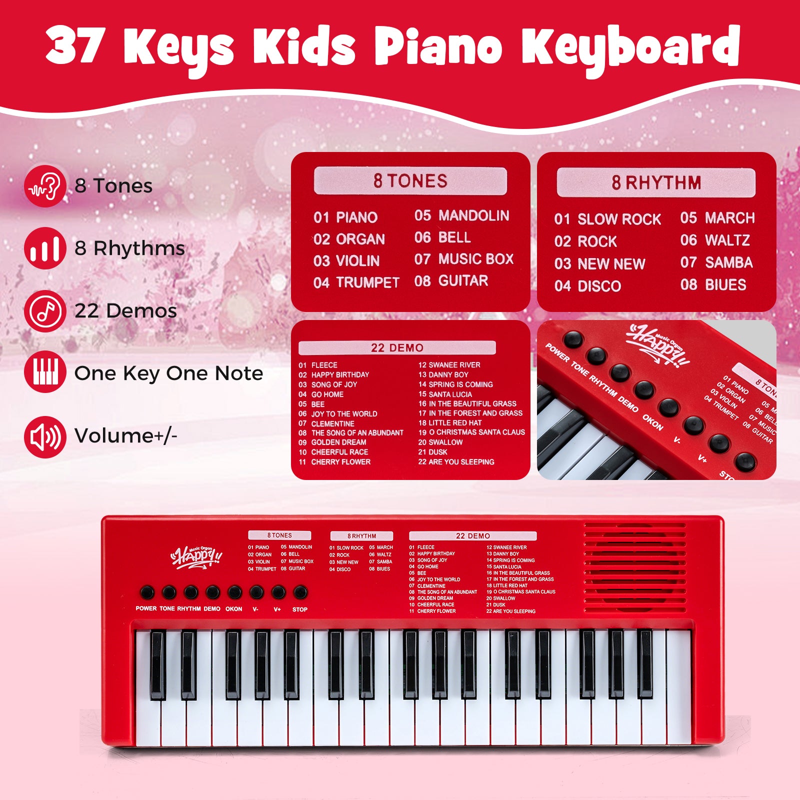 37 Keys Kids Piano Keyboard with 8 Rhythms and Microphone, Red Pianos & Keyboards at Gallery Canada