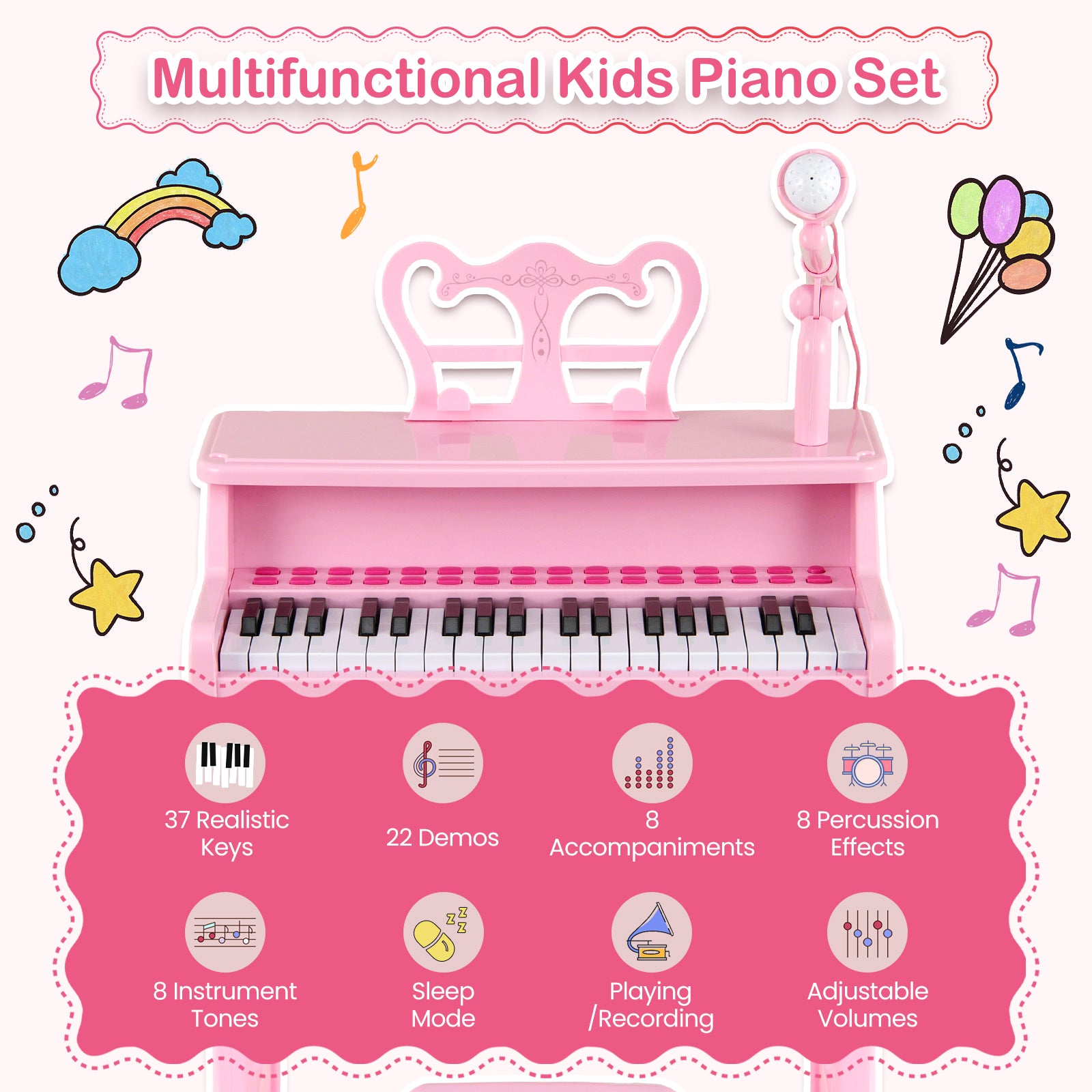 37 Keys Music Piano with Microphone Kids Piano Keyboard with Detachable Music Stand, Pink Pianos & Keyboards at Gallery Canada