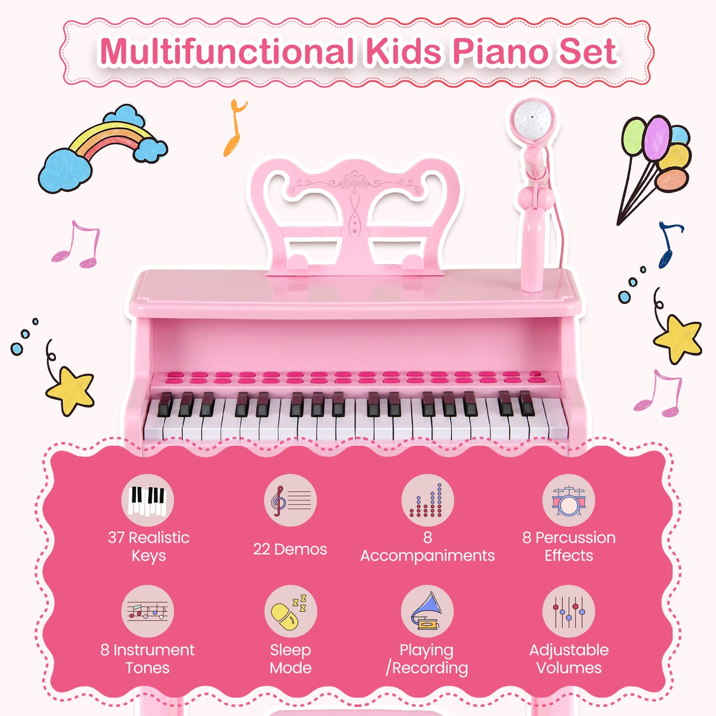 37 Keys Music Piano with Microphone Kids Piano Keyboard with Detachable Music Stand, Pink Pianos & Keyboards at Gallery Canada