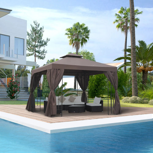 10' x 10' Outdoor Gazebo, Canopy Shelter with Double-Tier Roof, Brown