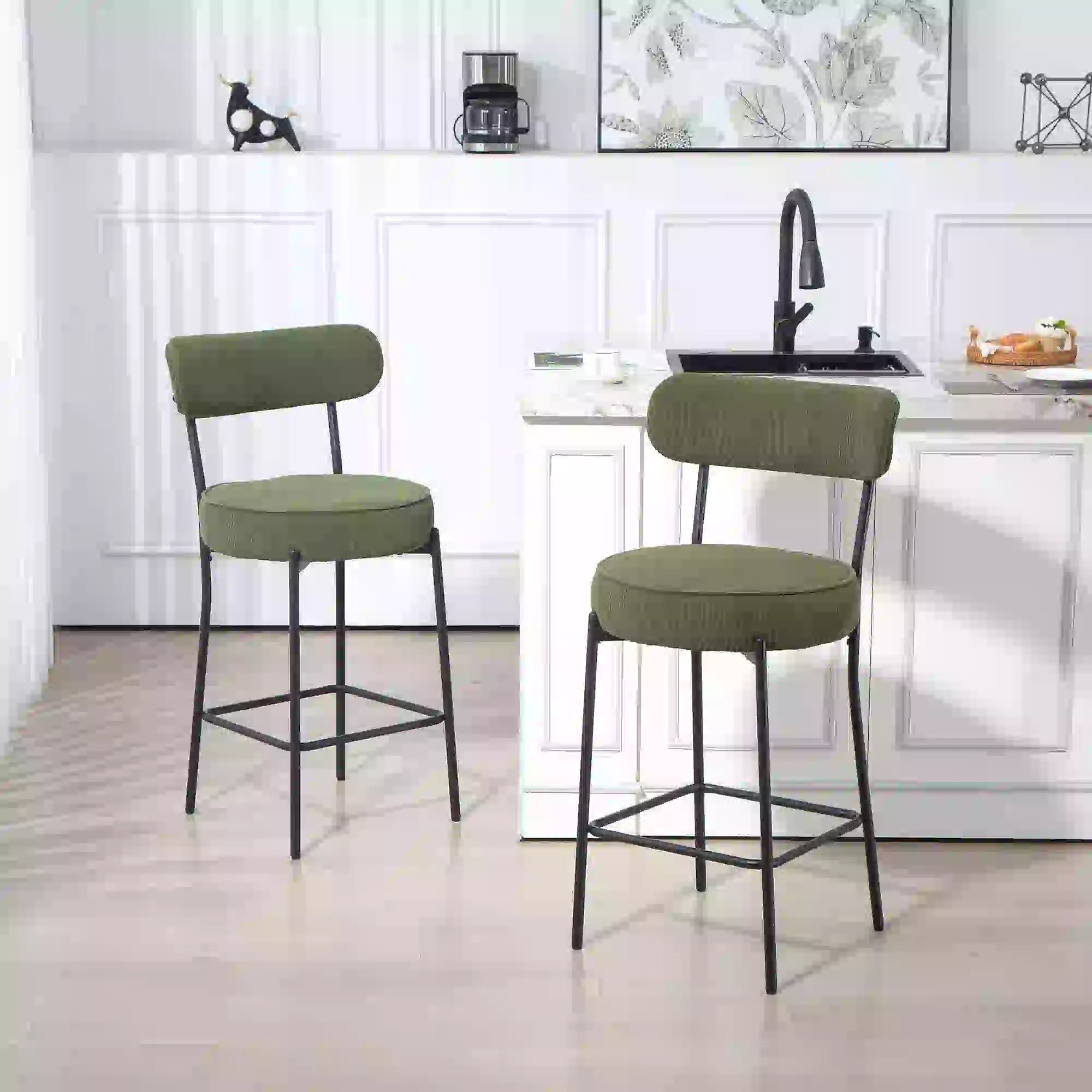 Set of 2 Barstools, Upholstered Corduroy, Backrest, Footrest, Green Bar Stools at Gallery Canada