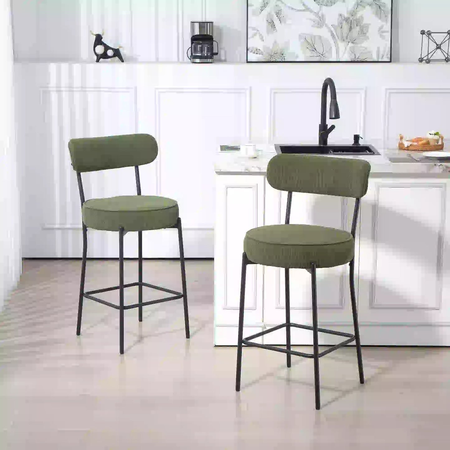Set of 2 Barstools, Upholstered Corduroy, Backrest, Footrest, Green Bar Stools at Gallery Canada