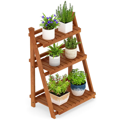 Foldable 3-Tier Solid Wood Plant Stand for Patio Balcony, Natural Plant Stands at Gallery Canada