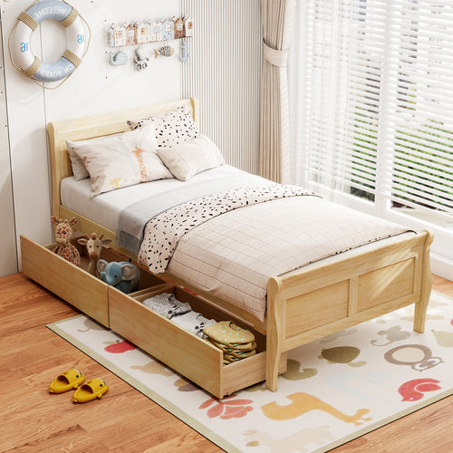 Twin Size Sleigh Bed with 2 Storage Drawers Wood Platform Bed Frame, Natural