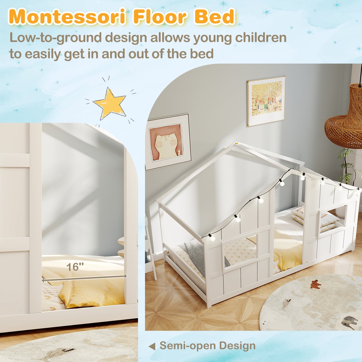 Twin Size House Bed with LED Lights Montessori Slat-free Floor Bed, White Toddler Beds at Gallery Canada