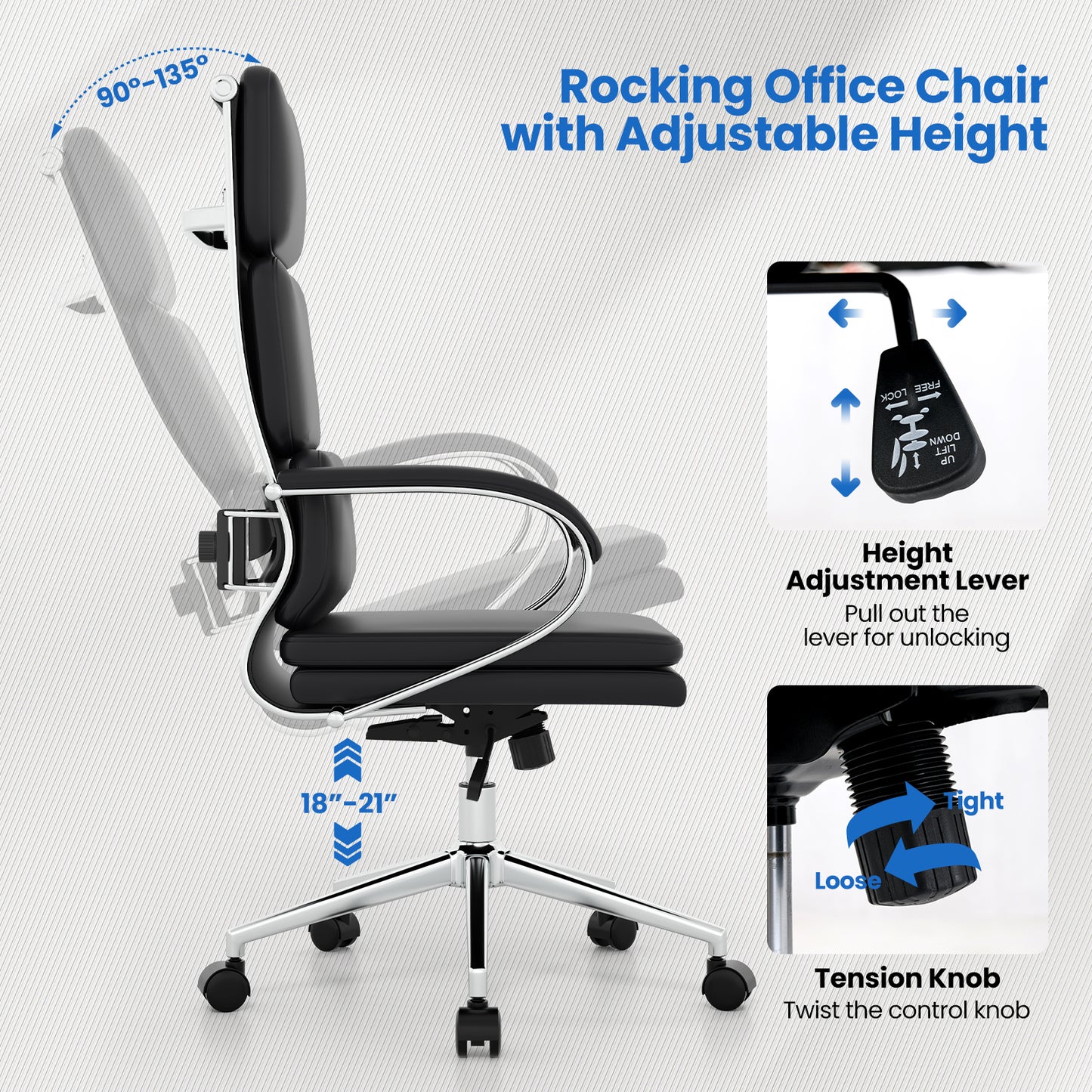 Ergonomic Leather Office Chair with Adjustable Height and Rocking Function, Black Ergonomic Chairs at Gallery Canada