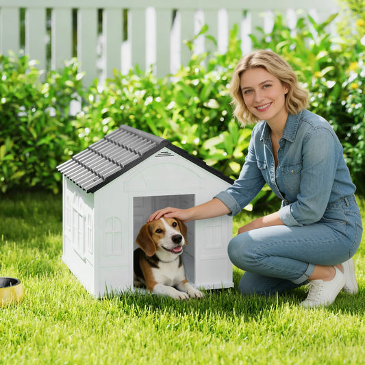 26" Plastic Dog House, Outdoor with Air Vents, Small Medium Dogs, Grey Houses, Kennels & Pens Grey, White at Gallery Canada