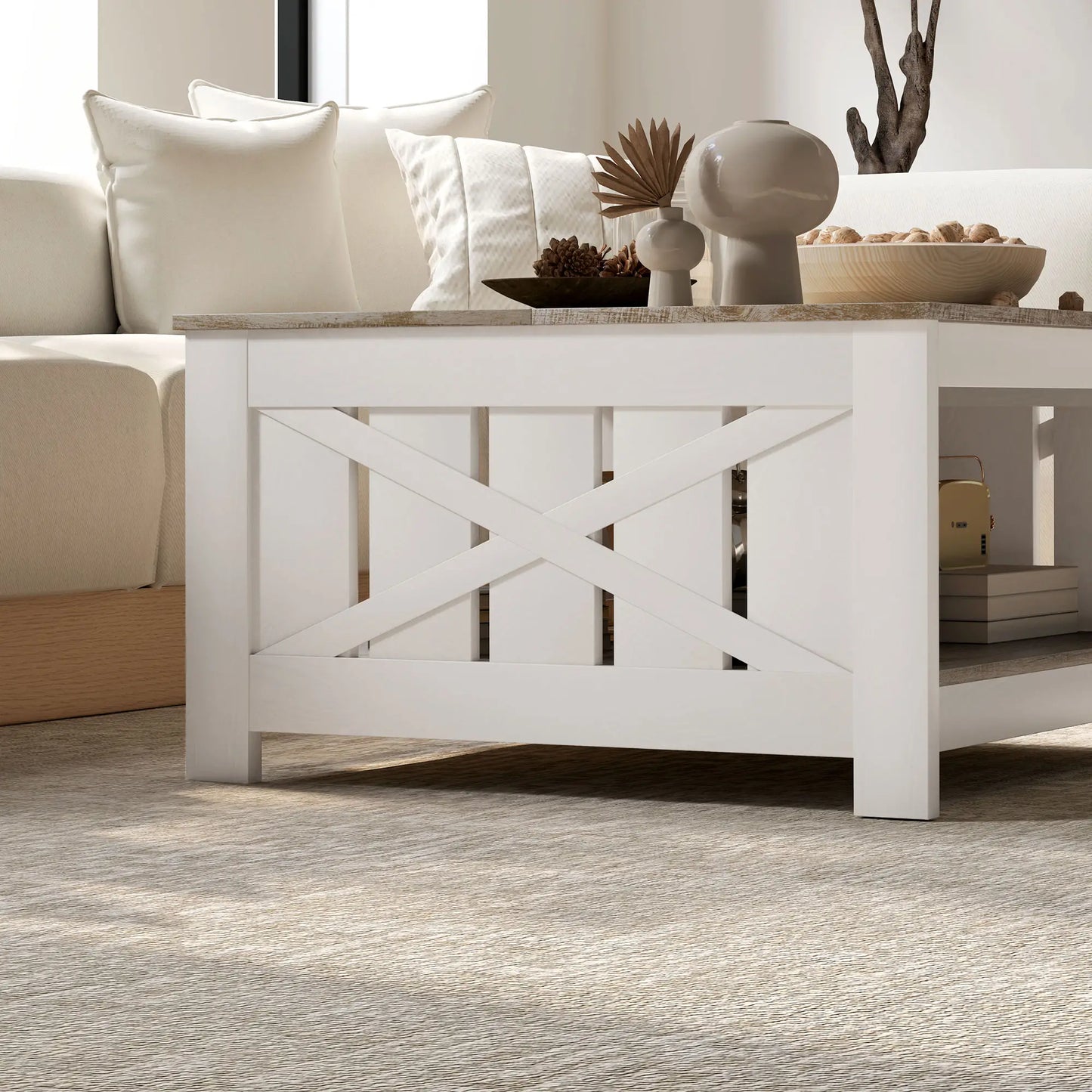 31.5" Square Coffee Table, Farmhouse 2-Tier, Distressed Oak Brown, Brown Coffee Tables at Gallery Canada