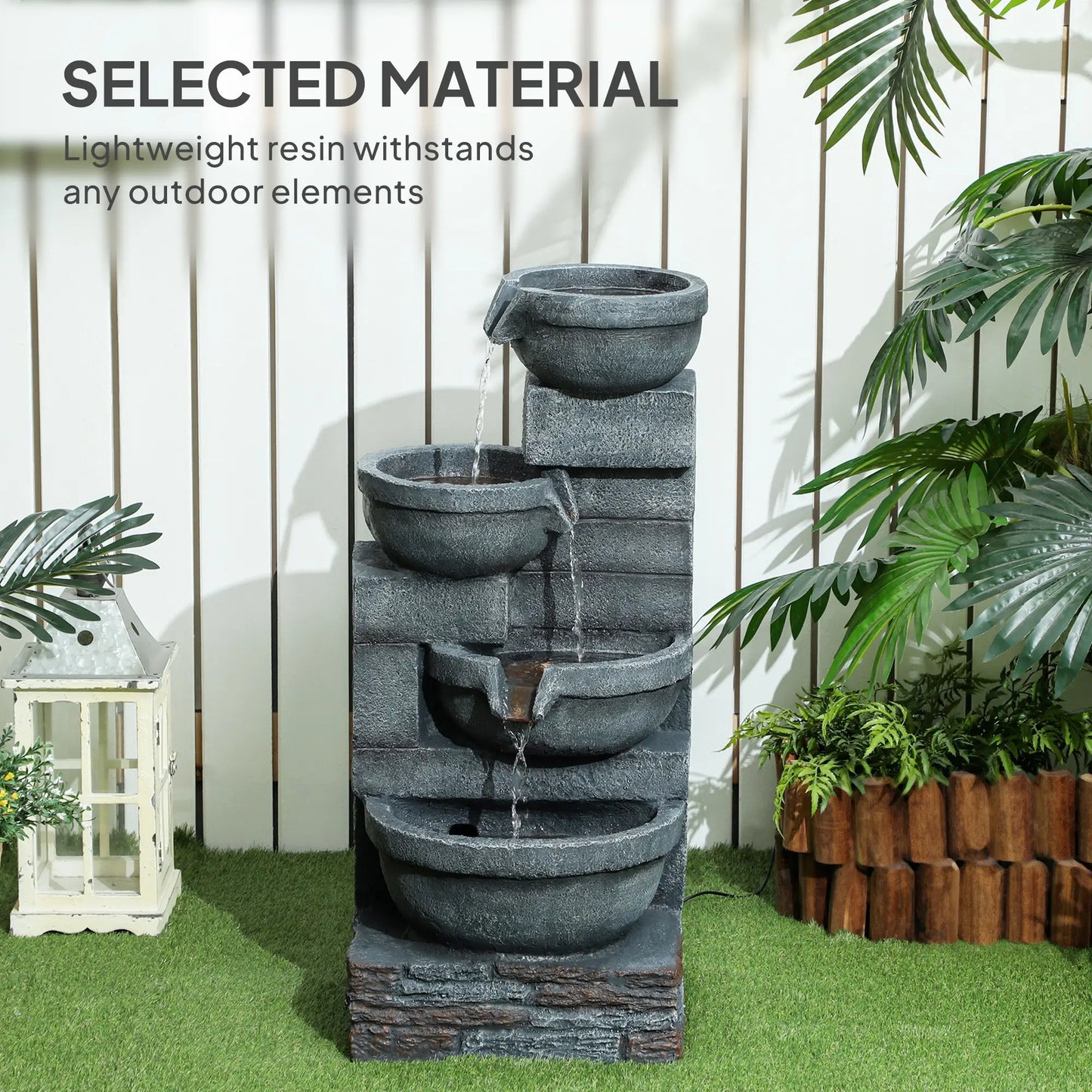 30" Tall Outdoor Water Fountain, LED Lights, 4-Tier Resin Bowls, Grey Water Fountains at Gallery Canada