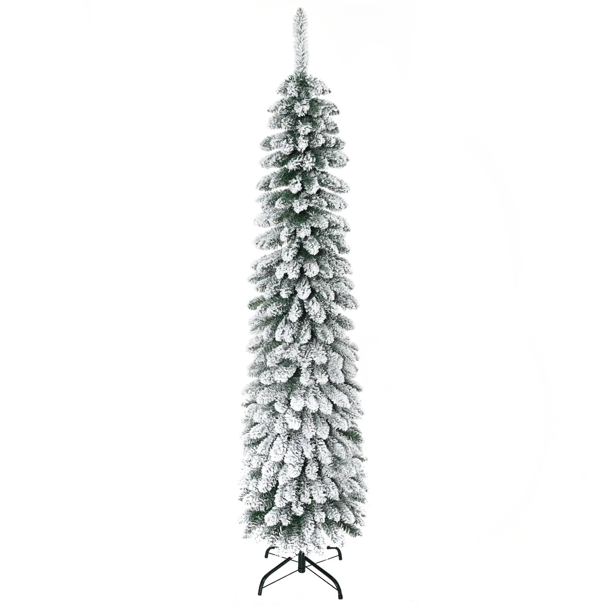 6 Ft Snow-Flocked Artificial Christmas Tree, Slim Pencil, Metal Base, Green Artificial Christmas Trees at Gallery Canada