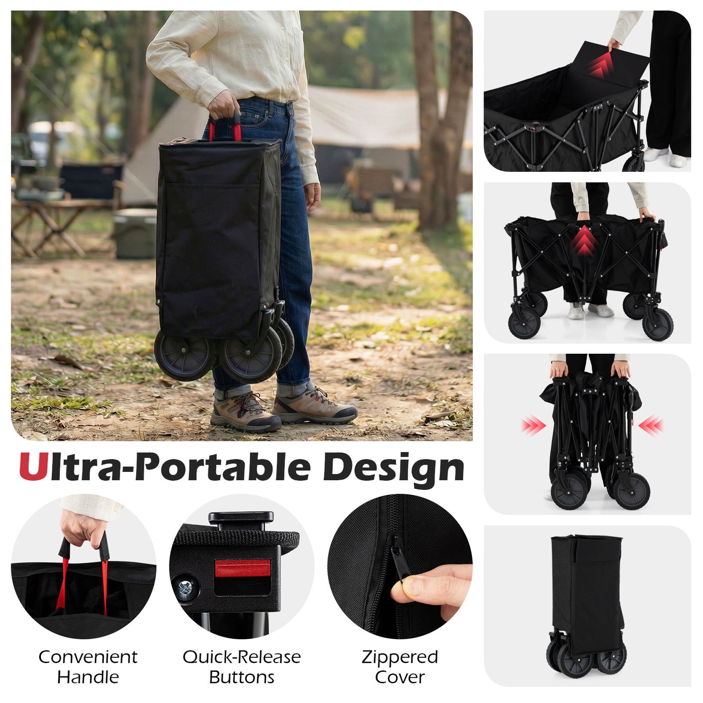 38 Inch 400 LBS Heavy-Duty Collapsible Wagon Cart with Adjustable Handle for Camping Garden, Black