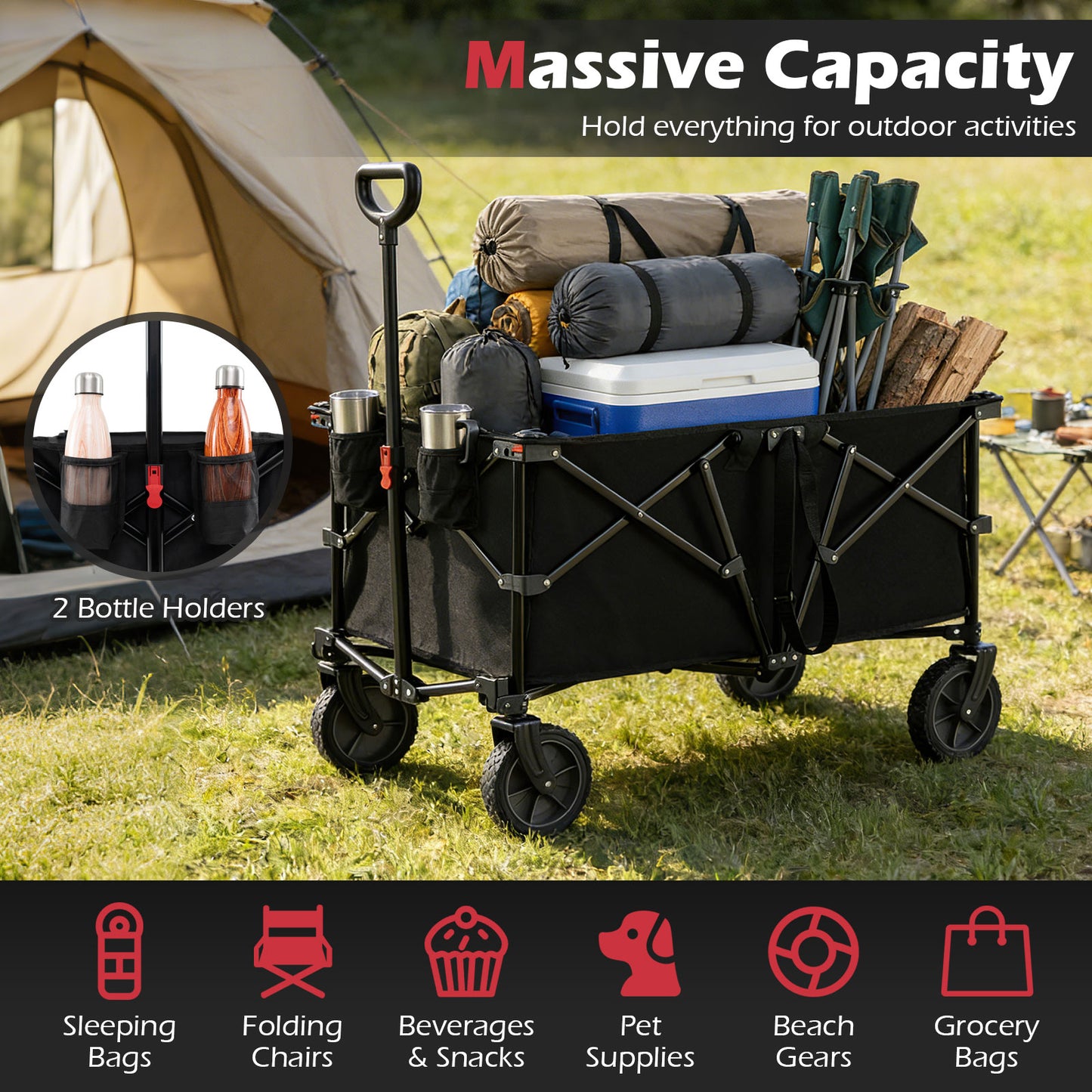 38 Inch 400 LBS Heavy-Duty Collapsible Wagon Cart with Adjustable Handle for Camping Garden, Black