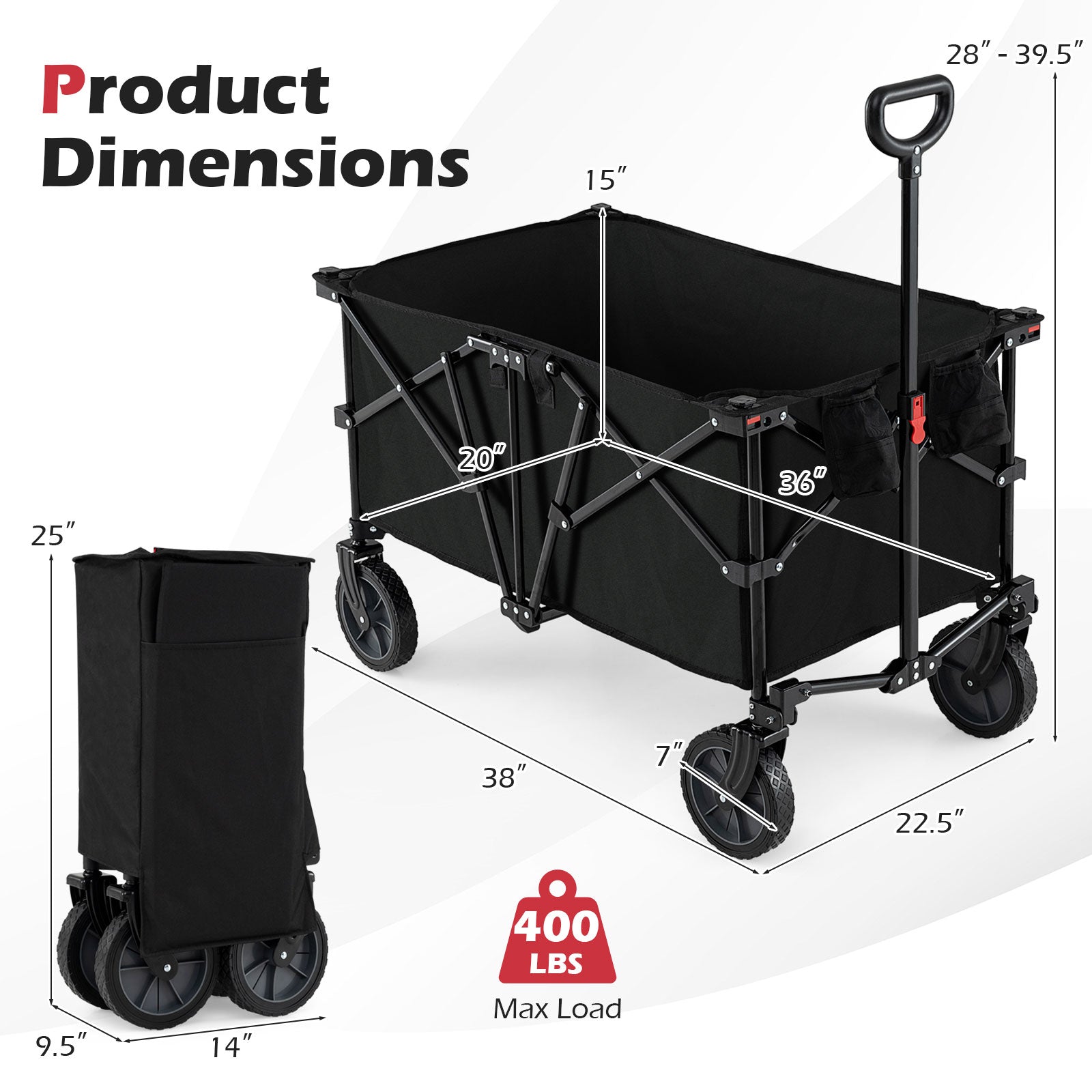 38 Inch 400 LBS Heavy-Duty Collapsible Wagon Cart with Adjustable Handle for Camping Garden, Black Garden Carts at Gallery Canada