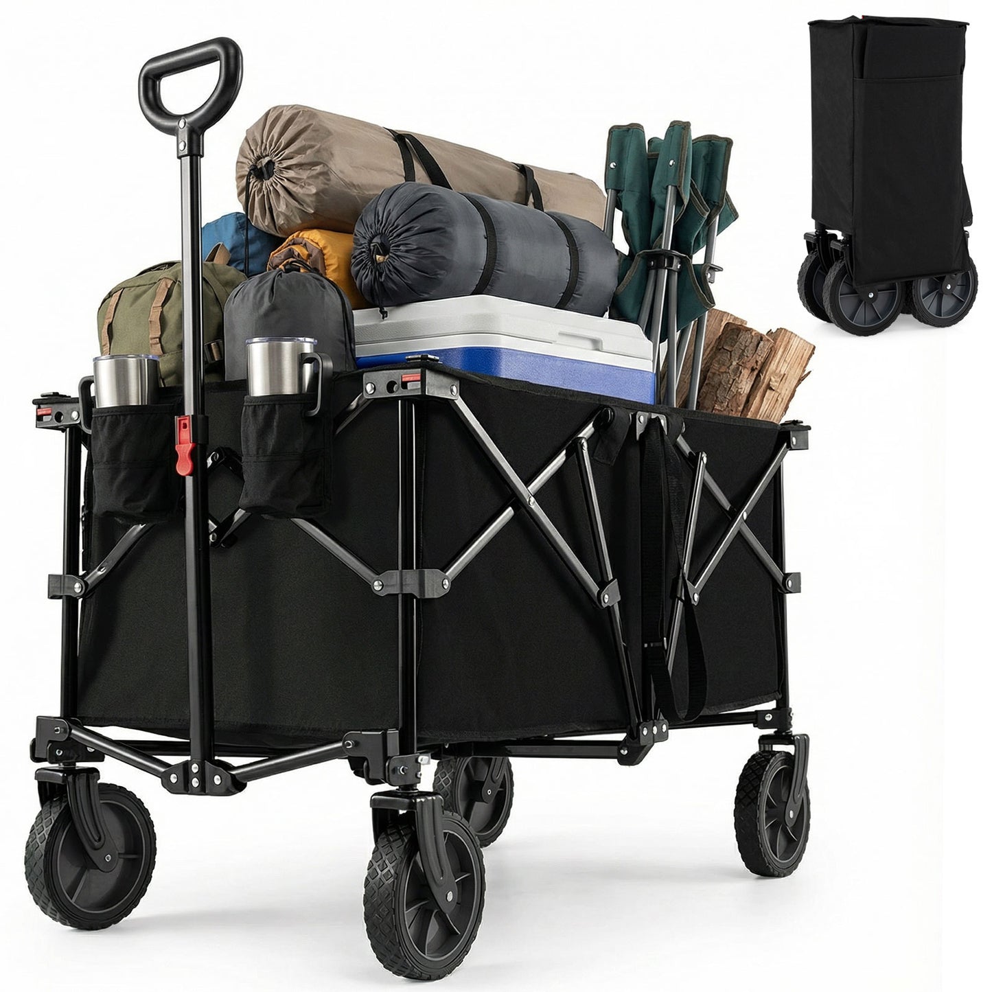 38 Inch 400 LBS Heavy-Duty Collapsible Wagon Cart with Adjustable Handle for Camping Garden, Black Garden Carts Black at Gallery Canada