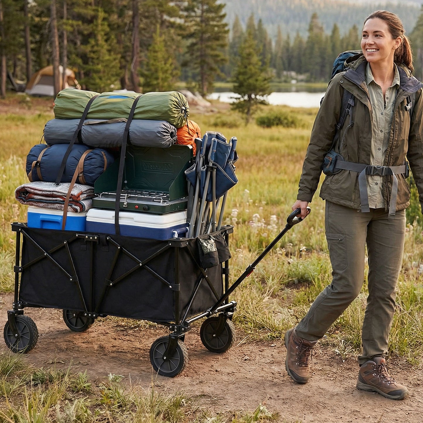 38 Inch 400 LBS Heavy-Duty Collapsible Wagon Cart with Adjustable Handle for Camping Garden, Black Garden Carts at Gallery Canada