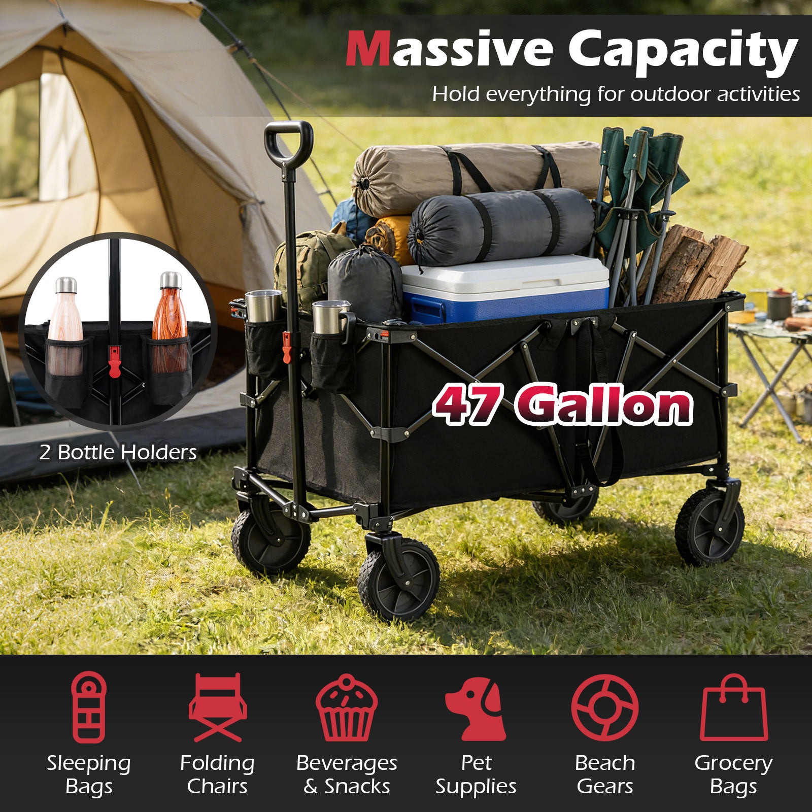 38 Inch 400 LBS Heavy-Duty Collapsible Wagon Cart with Adjustable Handle for Camping Garden, Black Garden Carts at Gallery Canada