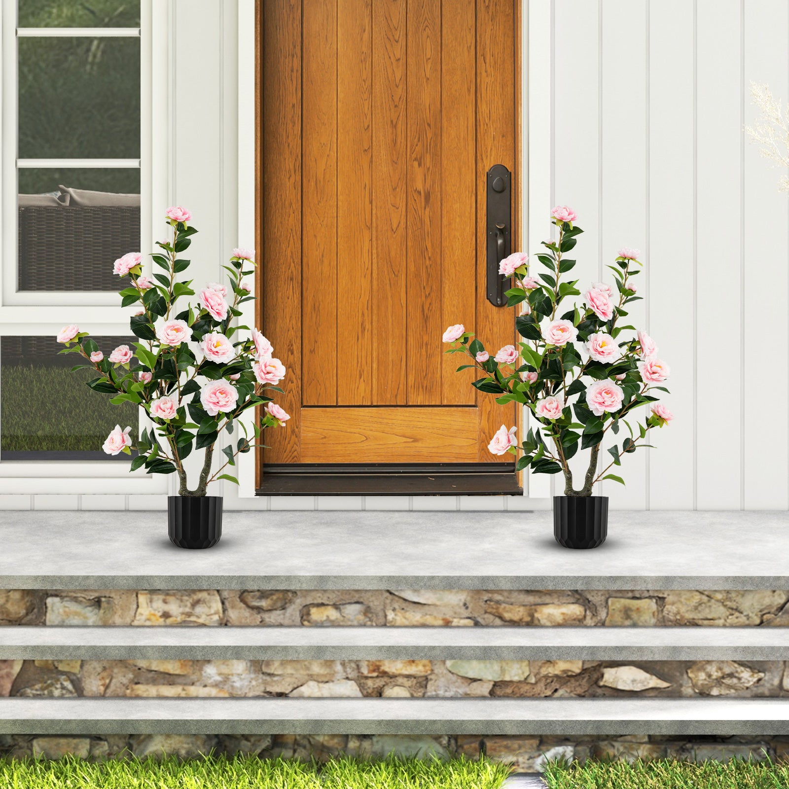 38 Inch Artificial Camellia Tree Faux Flower Plant in Cement Pot 2 Pack, Pink Faux Plants at Gallery Canada