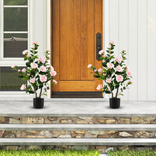 38 Inch Artificial Camellia Tree Faux Flower Plant in Cement Pot 2 Pack, Pink