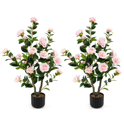 38 Inch Artificial Camellia Tree Faux Flower Plant in Cement Pot 2 Pack, Pink Faux Plants Pink at Gallery Canada