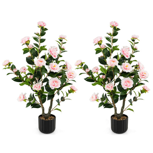 38 Inch Artificial Camellia Tree Faux Flower Plant in Cement Pot 2 Pack, Pink