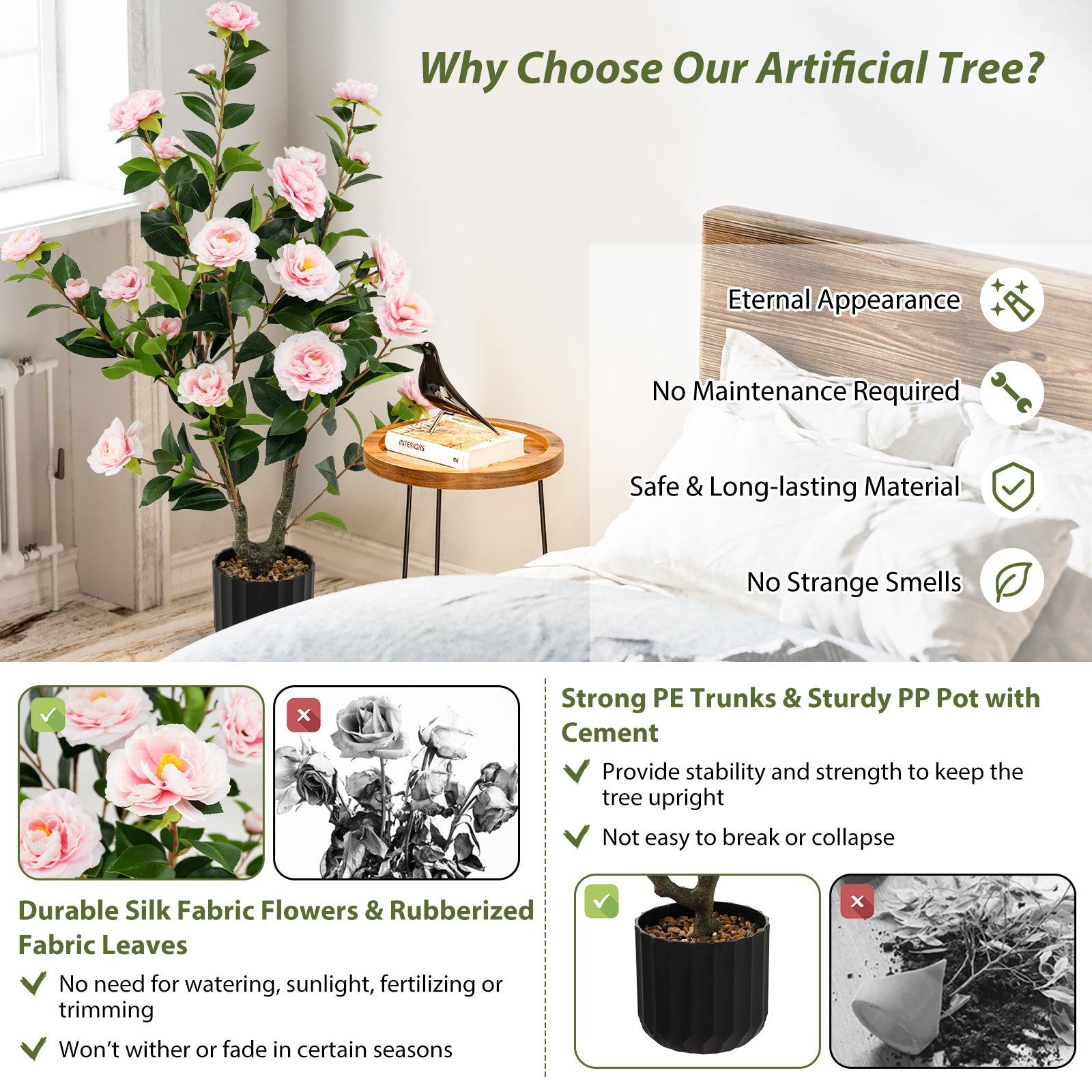 38 Inch Artificial Camellia Tree Faux Flower Plant in Cement Pot 2 Pack, Pink Faux Plants at Gallery Canada