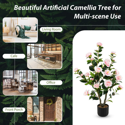 38 Inch Artificial Camellia Tree Faux Flower Plant in Cement Pot 2 Pack, Pink Faux Plants at Gallery Canada