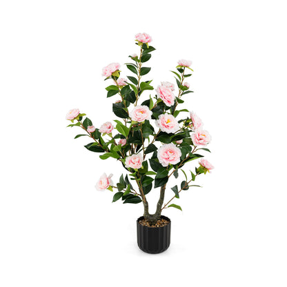 38 Inch Artificial Camellia Tree Faux Flower Plant in Cement Pot, Pink Faux Plants at Gallery Canada