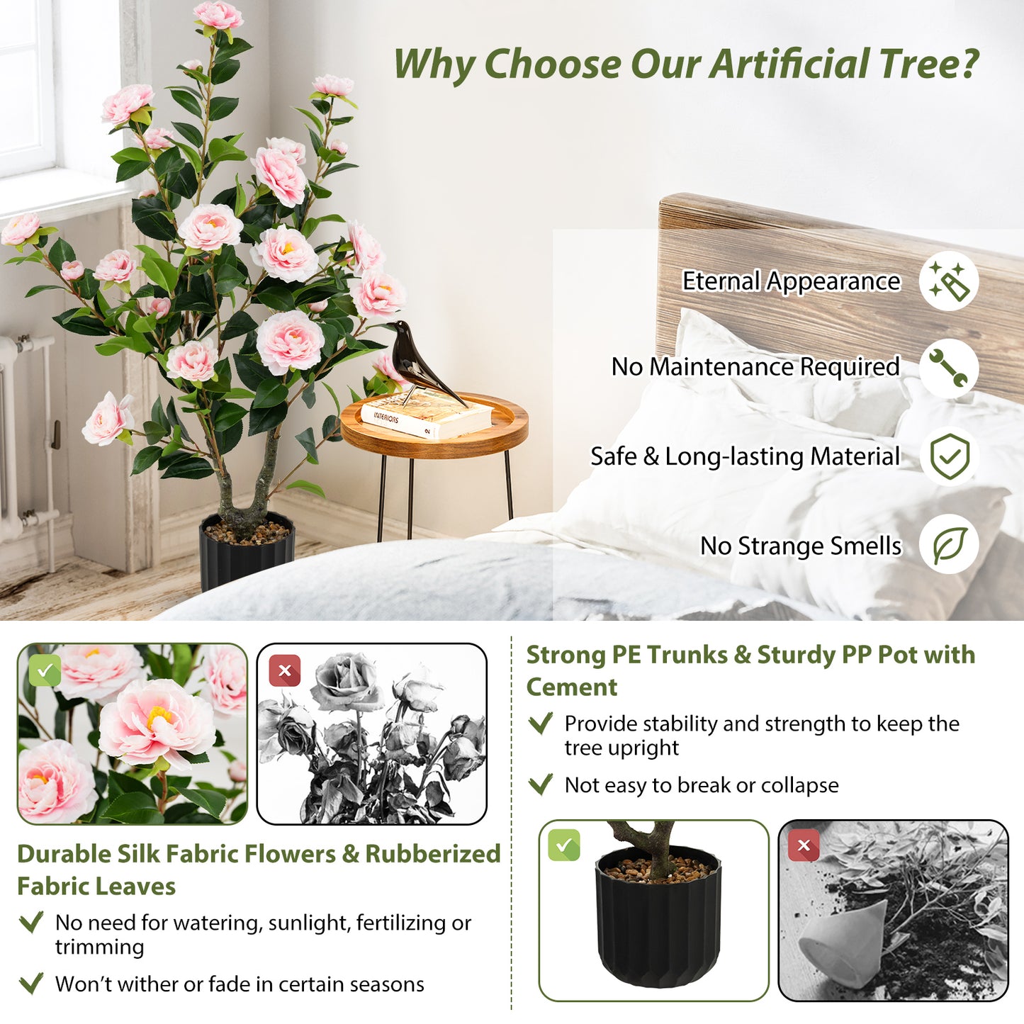 38 Inch Artificial Camellia Tree Faux Flower Plant in Cement Pot, Pink Faux Plants at Gallery Canada