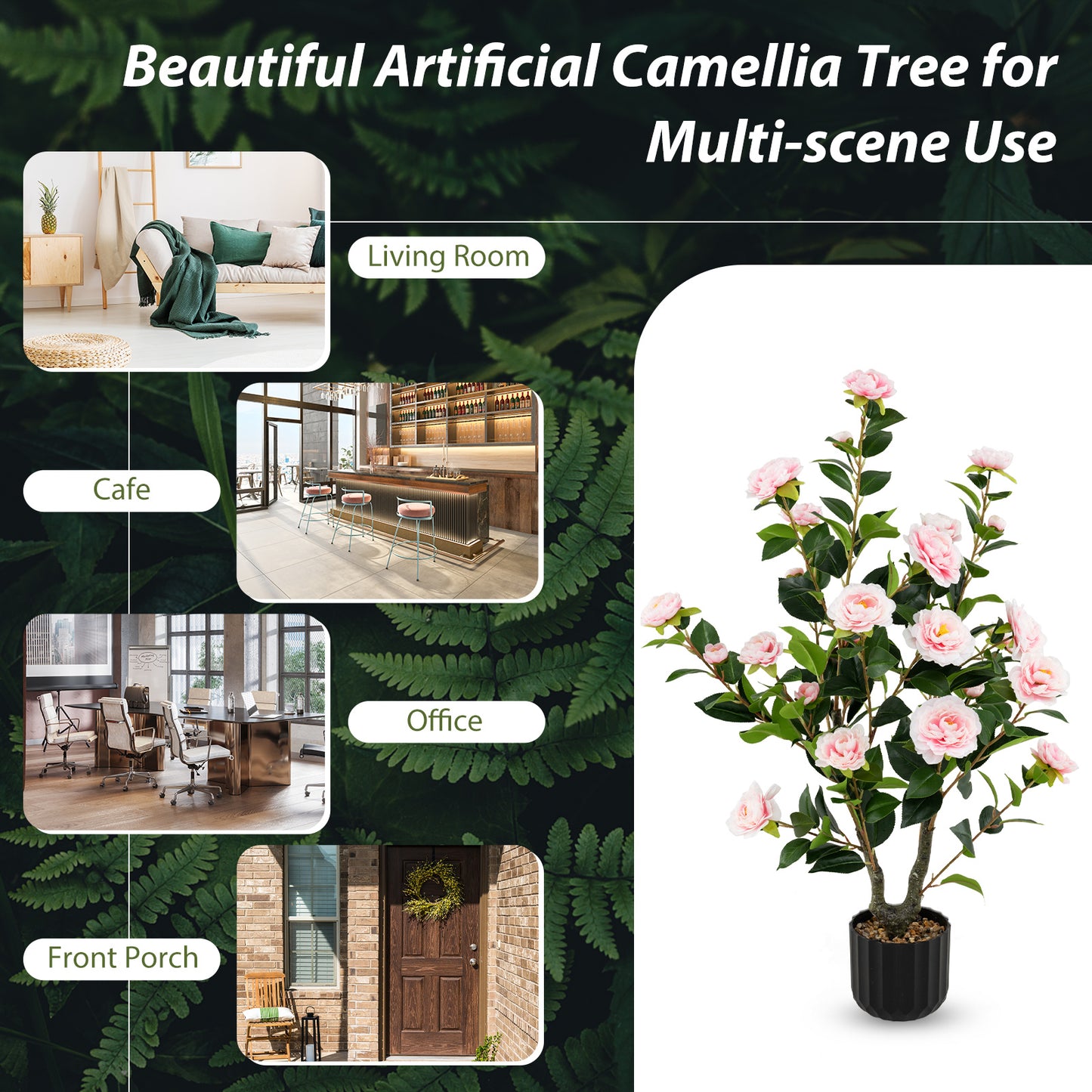38 Inch Artificial Camellia Tree Faux Flower Plant in Cement Pot, Pink Faux Plants at Gallery Canada