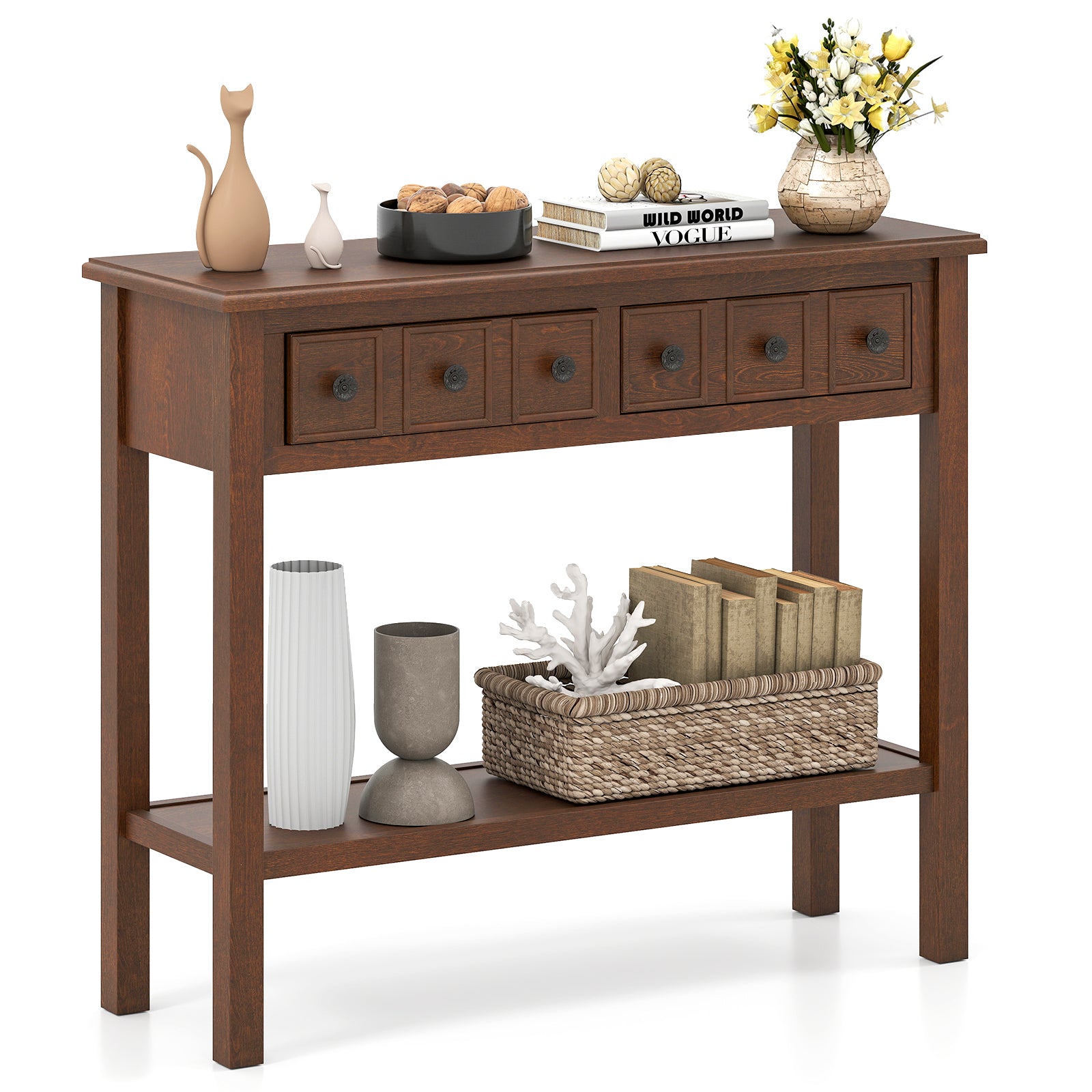 38 Inch Rustic Console Table, 2 Drawers, Open Shelf, Espresso Console Tables Espresso at Gallery Canada