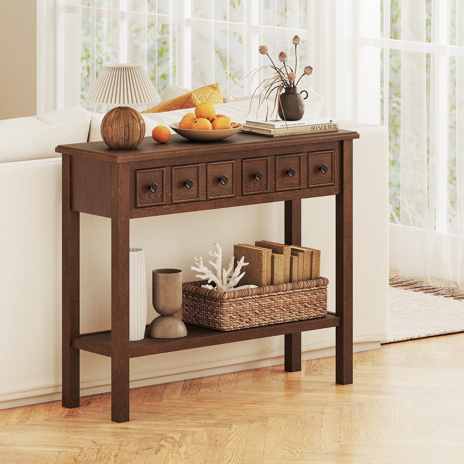 38 Inch Rustic Console Table with 2 Drawers and Bottom Open Shelf, Espresso Console Tables at Gallery Canada