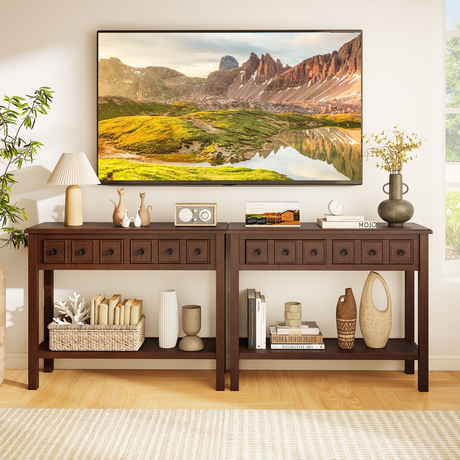 38 Inch Rustic Console Table with 2 Drawers and Bottom Open Shelf, Espresso Console Tables at Gallery Canada