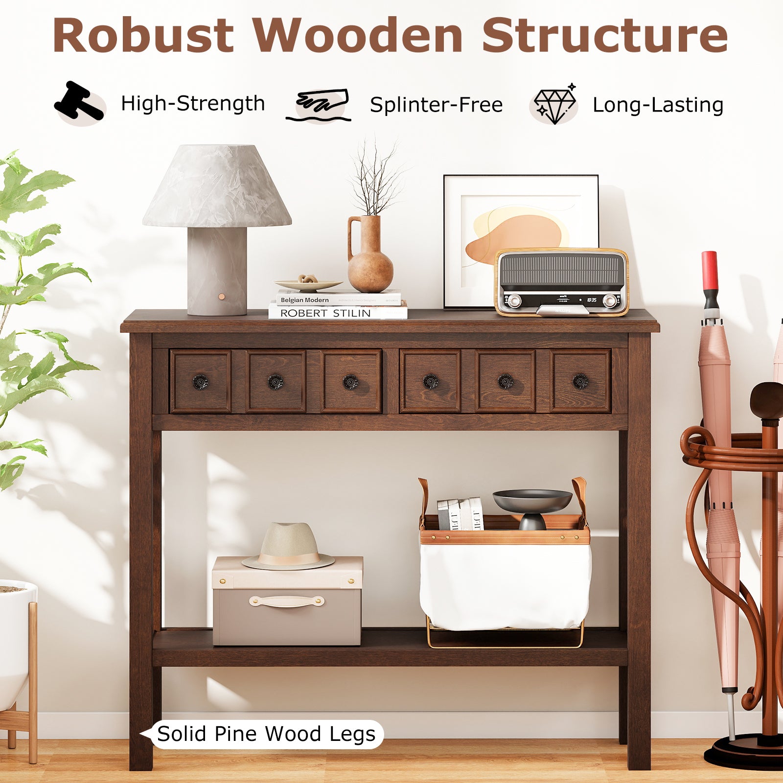 38 Inch Rustic Console Table with 2 Drawers and Bottom Open Shelf, Espresso Console Tables at Gallery Canada