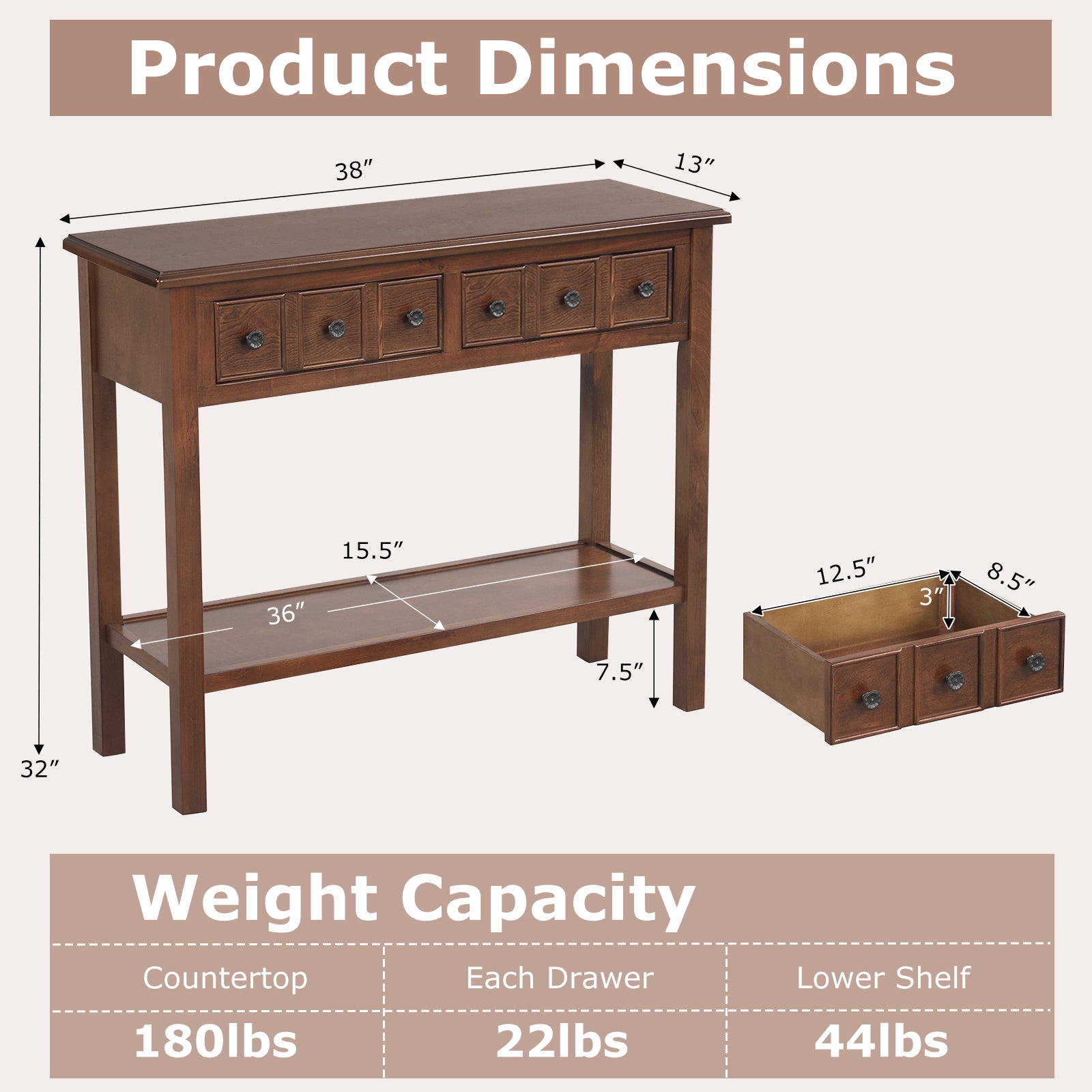 38 Inch Rustic Console Table with 2 Drawers and Bottom Open Shelf, Espresso Console Tables at Gallery Canada