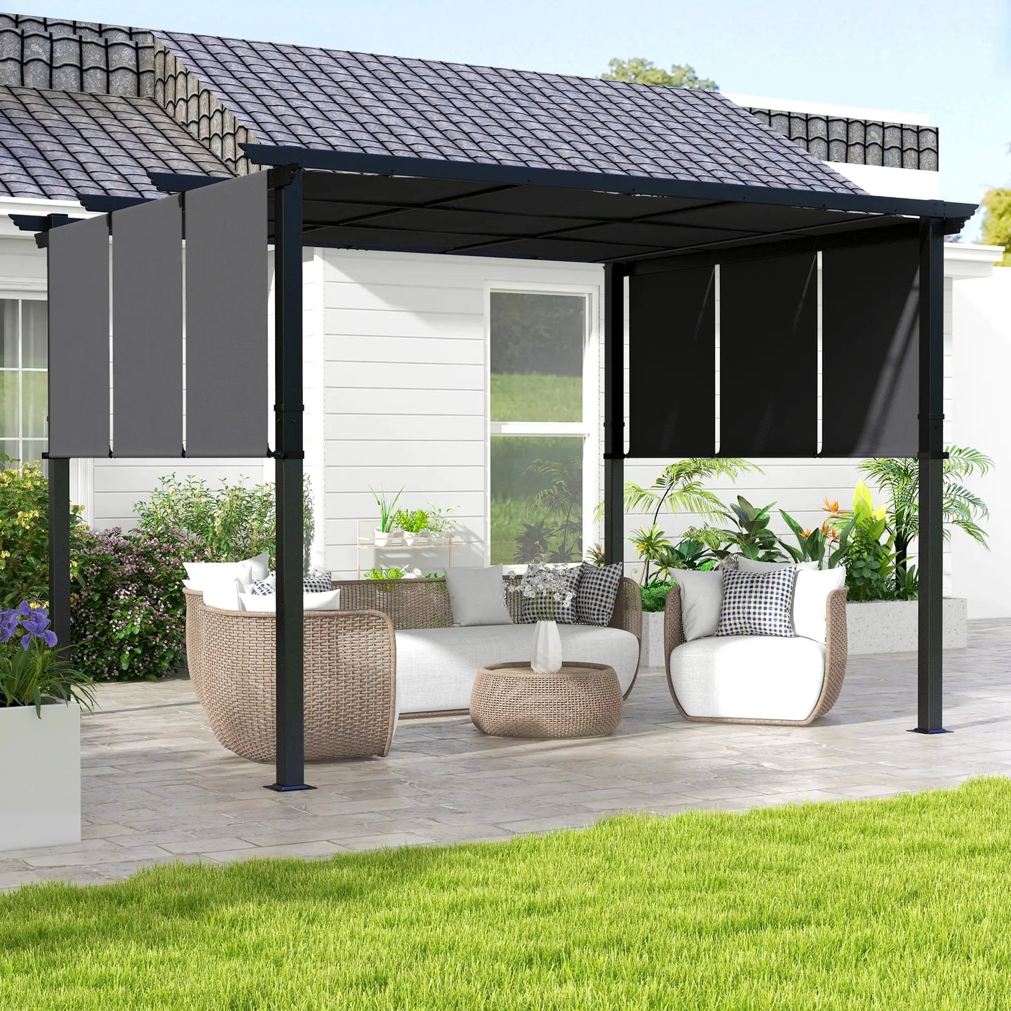 10' x 12' Metal Pergola, Retractable Canopy, Garden Patio Backyard Deck Pergolas at Gallery Canada