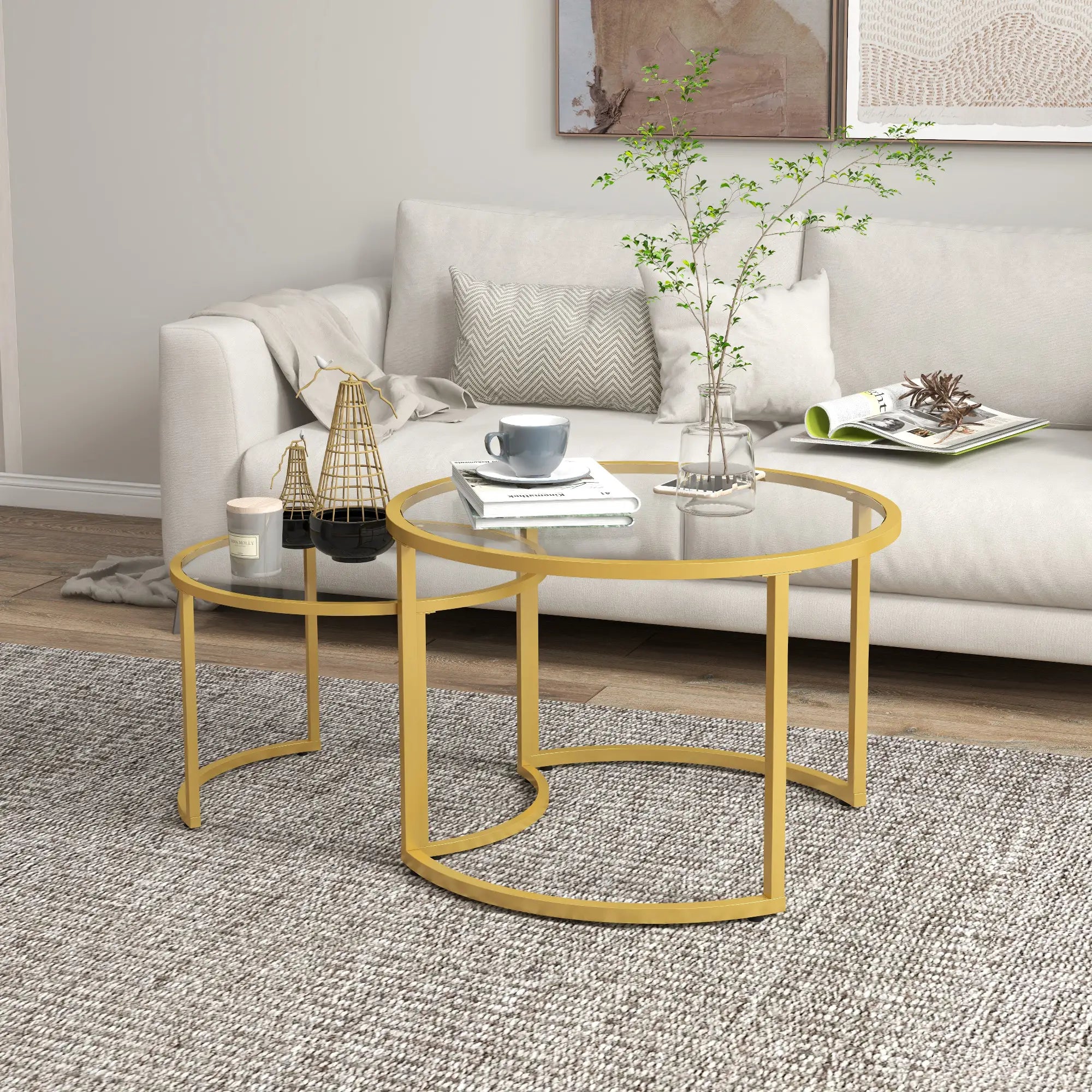 Round Coffee Table Set, Tempered Glass Top, Steel Frame, Gold Coffee Tables at Gallery Canada