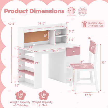Kids Desk and Chair Set with Hutch and 3-Layer Side Shelf, Pink Kids Table & Chair Sets at Gallery Canada