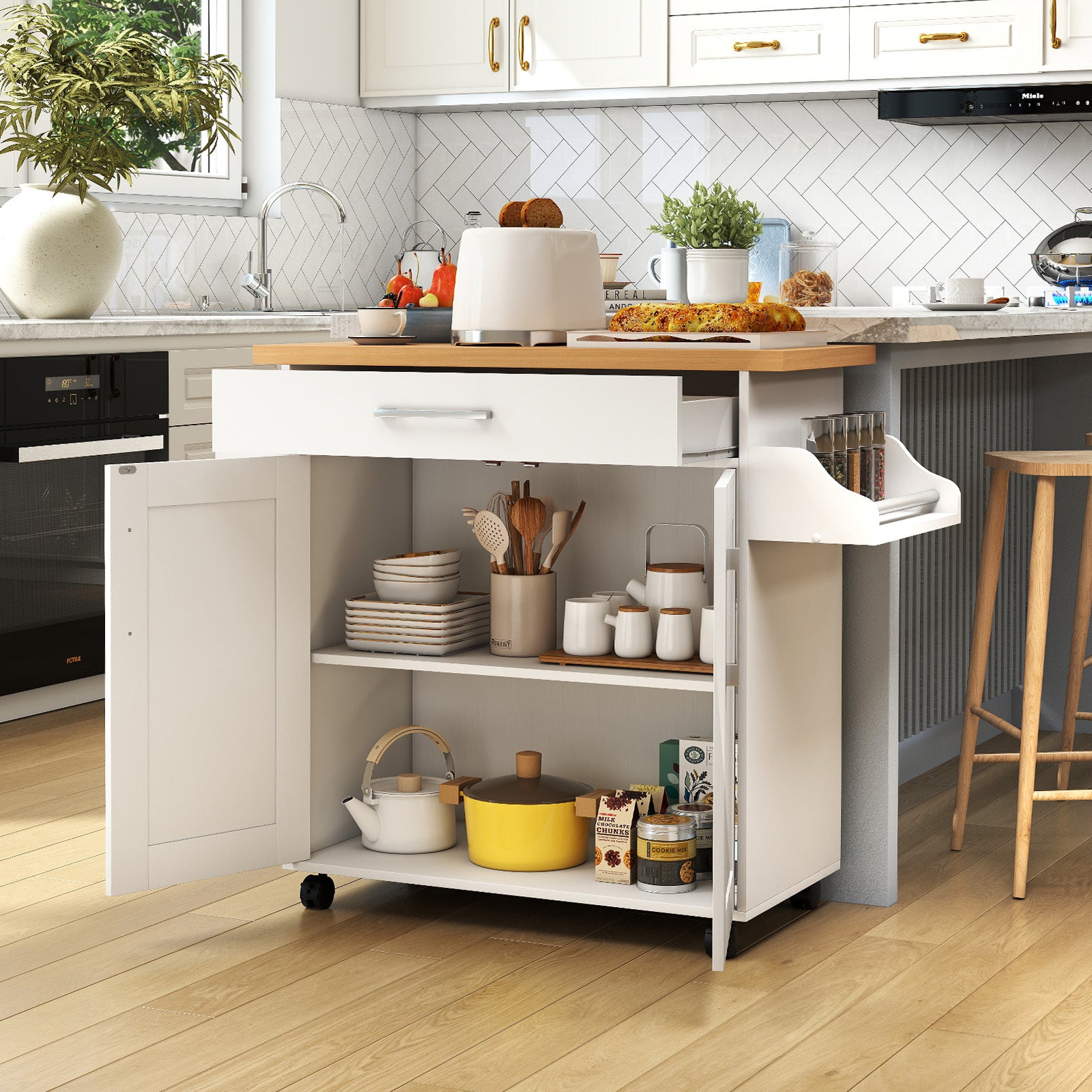 Rolling Kitchen Island Cart with Towel and Spice Rack, White Kitchen Islands & Carts at Gallery Canada