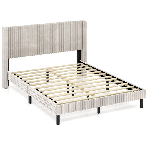 Queen Size Velvet Bed Frame, Vertical Channel Tufted Wingback Headboard, White